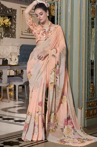 Peach spectacular georgette printed with pearl lace saree with unstitched blouse