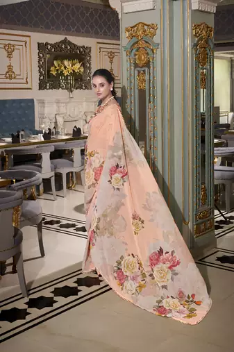 Peach spectacular georgette printed with pearl lace saree with unstitched blouse