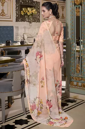 Peach spectacular georgette printed with pearl lace saree with unstitched blouse