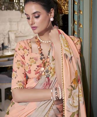 Peach spectacular georgette printed with pearl lace saree with unstitched blouse 5
