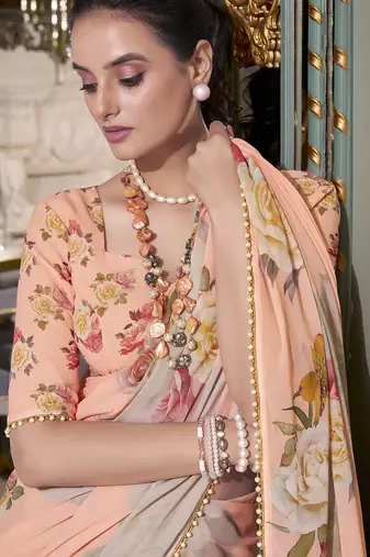 Peach spectacular georgette printed with pearl lace saree with unstitched blouse