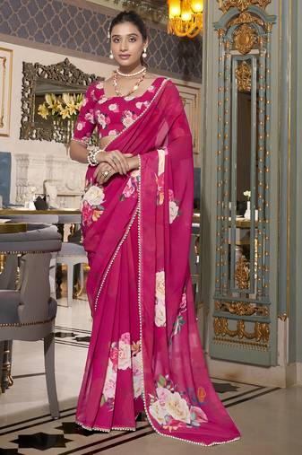 Pink spectacular georgette printed with pearl lace saree with unstitched blouse