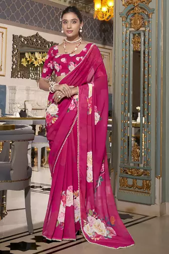 Pink spectacular georgette printed with pearl lace saree with unstitched blouse