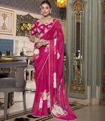 Pink spectacular georgette printed with pearl lace saree with unstitched blouse