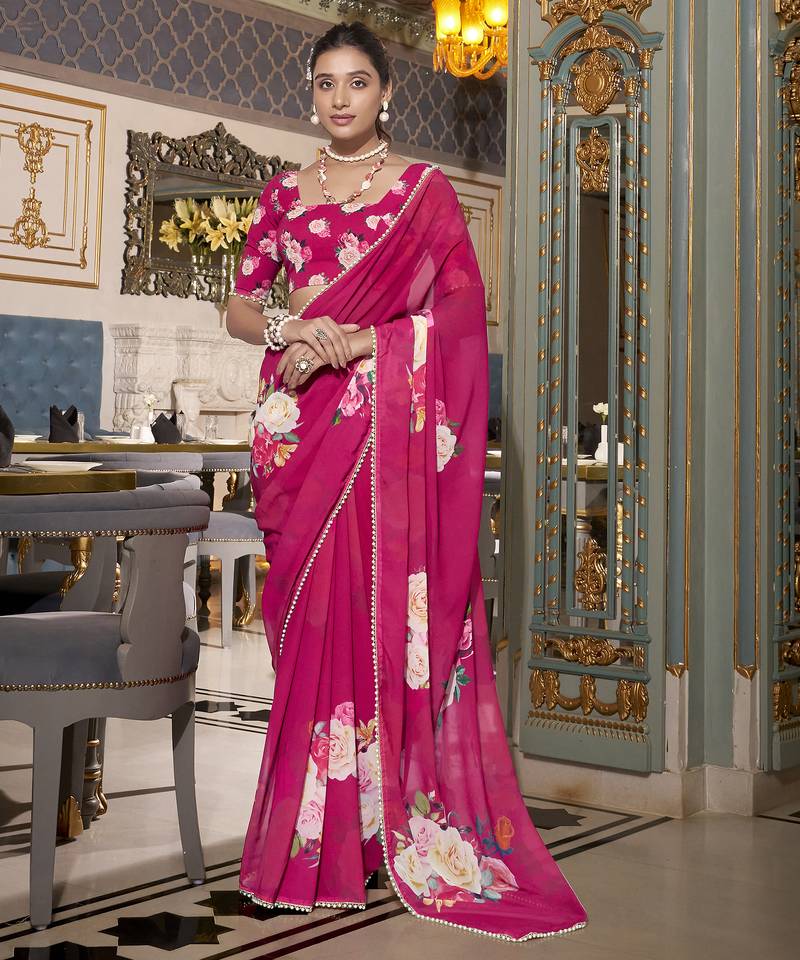 Pink spectacular georgette printed with pearl lace saree with unstitched blouse