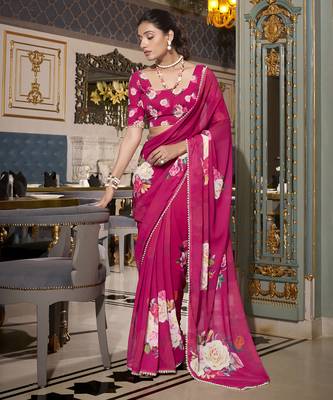 Pink spectacular georgette printed with pearl lace saree with unstitched blouse 2
