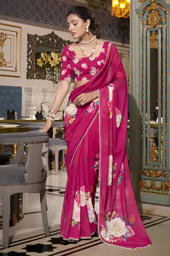 Pink spectacular georgette printed with pearl lace saree with unstitched blouse
