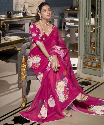 Pink spectacular georgette printed with pearl lace saree with unstitched blouse 3