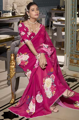 Pink spectacular georgette printed with pearl lace saree with unstitched blouse