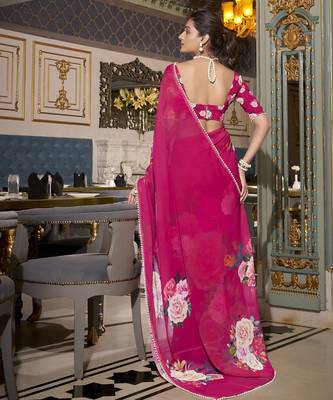 Pink spectacular georgette printed with pearl lace saree with unstitched blouse 4