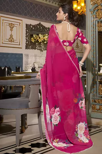 Pink spectacular georgette printed with pearl lace saree with unstitched blouse
