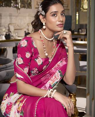 Pink spectacular georgette printed with pearl lace saree with unstitched blouse 5
