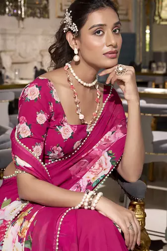 Pink spectacular georgette printed with pearl lace saree with unstitched blouse