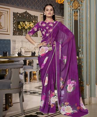 Purple spectacular georgette printed with pearl lace saree with unstitched blouse 1