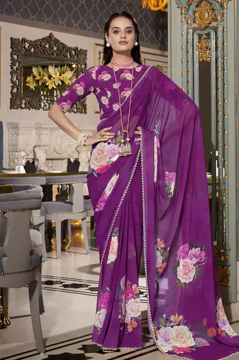Purple spectacular georgette printed with pearl lace saree with unstitched blouse