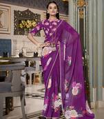 Purple spectacular georgette printed with pearl lace saree with unstitched blouse