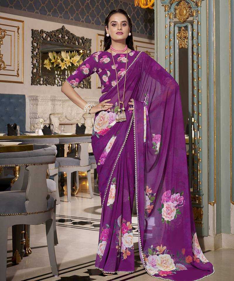 Purple spectacular georgette printed with pearl lace saree with unstitched blouse