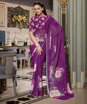 Purple spectacular georgette printed with pearl lace saree with unstitched blouse 2