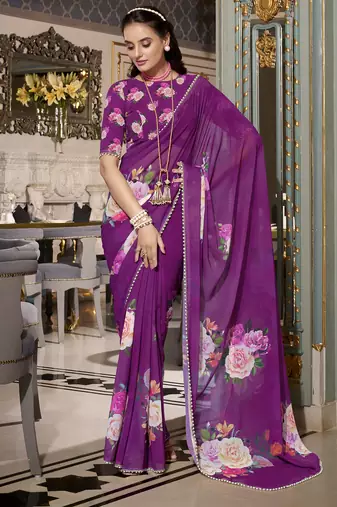 Purple spectacular georgette printed with pearl lace saree with unstitched blouse