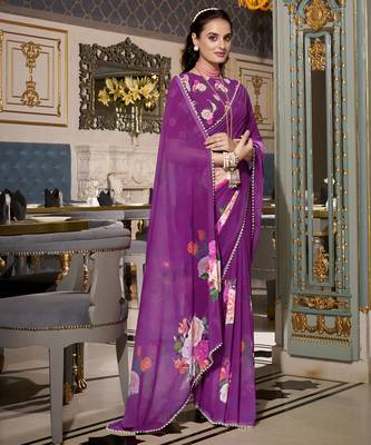Purple spectacular georgette printed with pearl lace saree with unstitched blouse 3