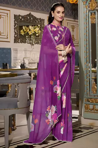 Purple spectacular georgette printed with pearl lace saree with unstitched blouse