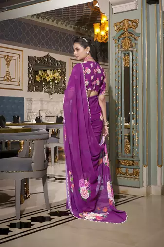 Purple spectacular georgette printed with pearl lace saree with unstitched blouse