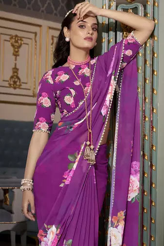 Purple spectacular georgette printed with pearl lace saree with unstitched blouse