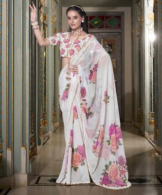 White spectacular georgette printed with pearl lace saree with unstitched blouse 1