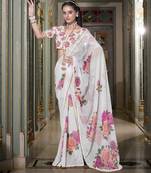 White spectacular georgette printed with pearl lace saree with unstitched blouse