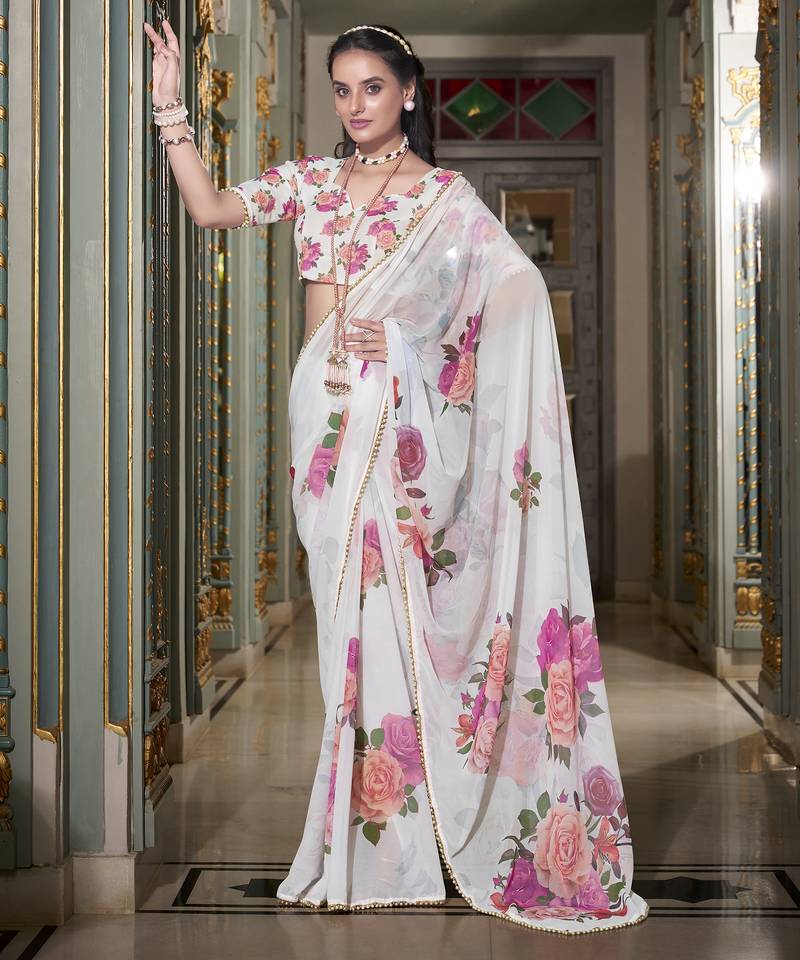 White spectacular georgette printed with pearl lace saree with unstitched blouse
