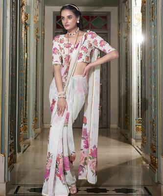 White spectacular georgette printed with pearl lace saree with unstitched blouse 2
