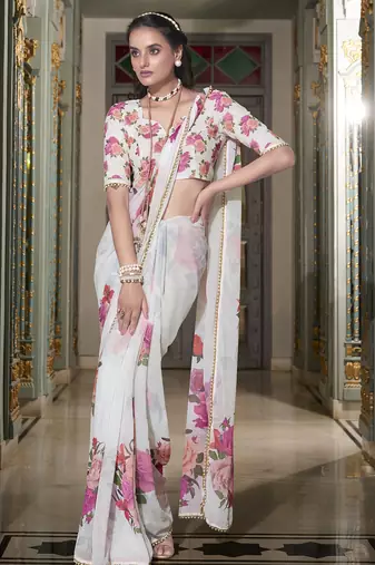 White spectacular georgette printed with pearl lace saree with unstitched blouse