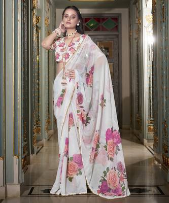 White spectacular georgette printed with pearl lace saree with unstitched blouse 3