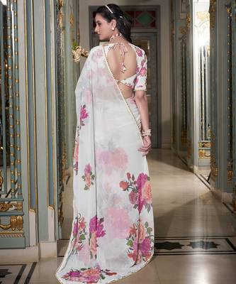 White spectacular georgette printed with pearl lace saree with unstitched blouse 4