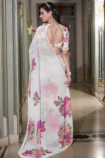 White spectacular georgette printed with pearl lace saree with unstitched blouse
