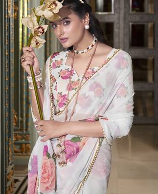 White spectacular georgette printed with pearl lace saree with unstitched blouse 5
