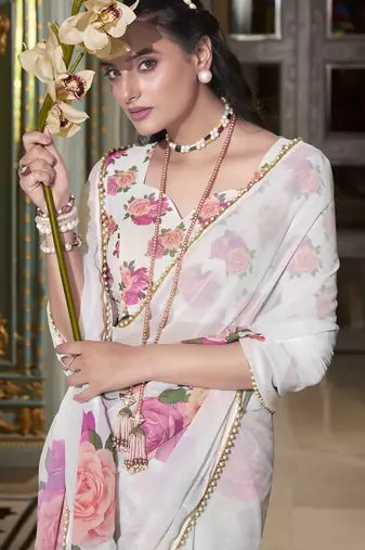White spectacular georgette printed with pearl lace saree with unstitched blouse