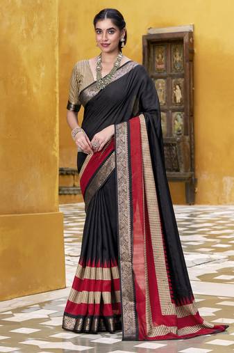 Black printed with zari weaving work poly cotton saree & unstitched blouse