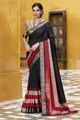 Black printed with zari weaving work poly cotton saree & unstitched blouse