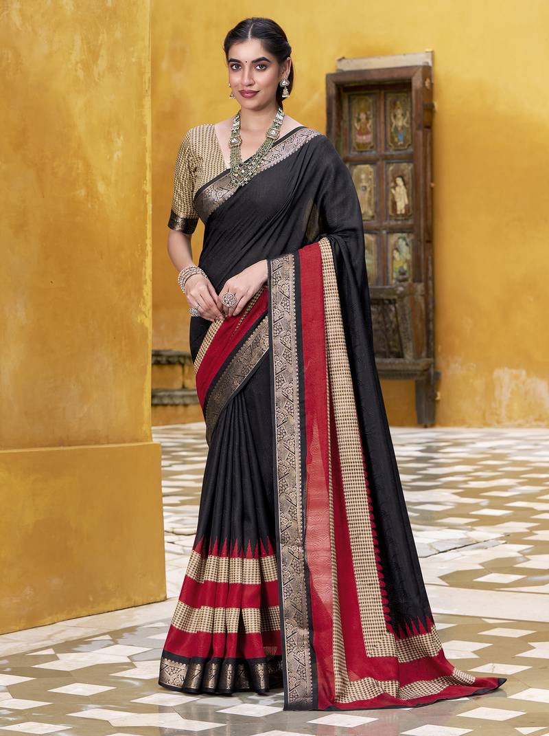 Black printed with zari weaving work poly cotton saree & unstitched blouse