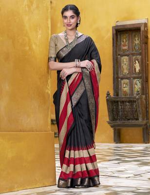 Black printed with zari weaving work poly cotton saree & unstitched blouse 2