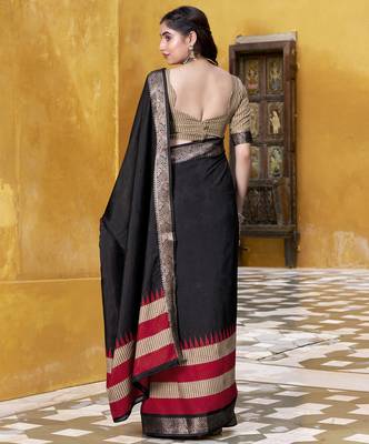 Black printed with zari weaving work poly cotton saree & unstitched blouse 3
