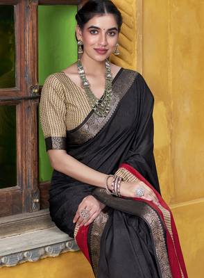 Black printed with zari weaving work poly cotton saree & unstitched blouse 4