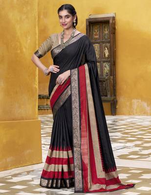 Black printed with zari weaving work poly cotton saree & unstitched blouse 5