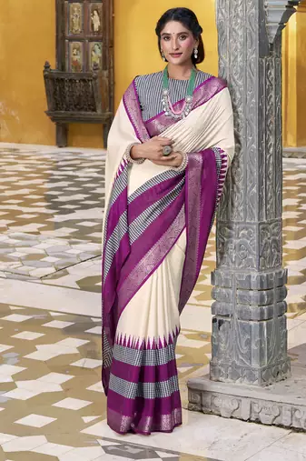 Off white printed with zari weaving work poly cotton saree & unstitched blouse