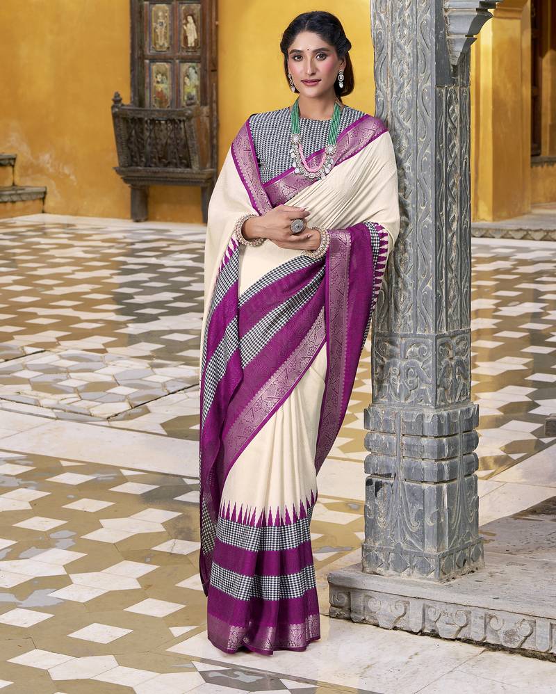 Off white printed with zari weaving work poly cotton saree & unstitched blouse