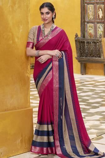 Pink printed with zari weaving work poly cotton saree & unstitched blouse