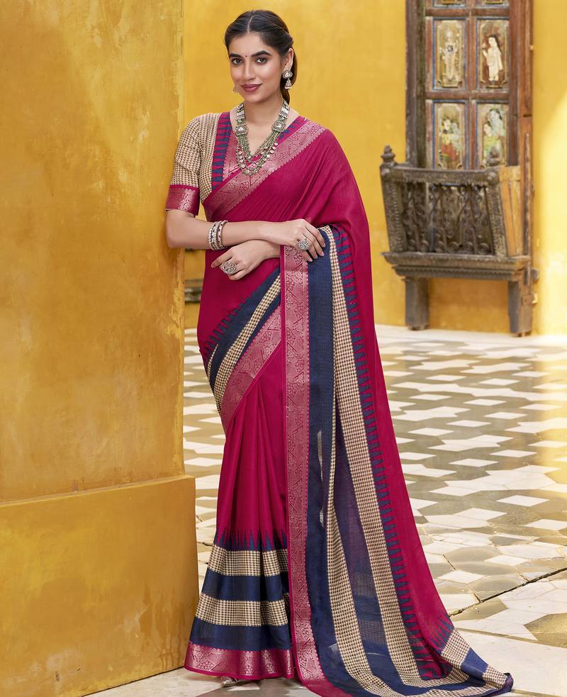 Pink printed with zari weaving work poly cotton saree & unstitched blouse