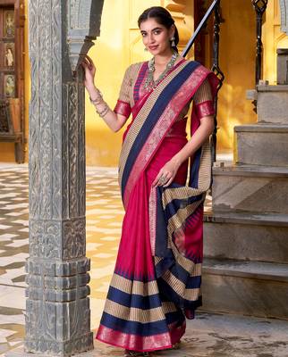 Pink printed with zari weaving work poly cotton saree & unstitched blouse 2