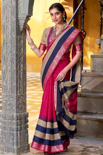 Pink printed with zari weaving work poly cotton saree & unstitched blouse